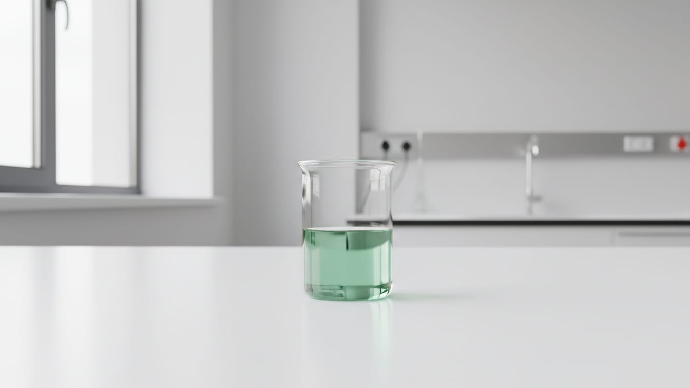 Illustration: A clear glass beaker with pale green liquid, reflecting copper, on a white lab bench.