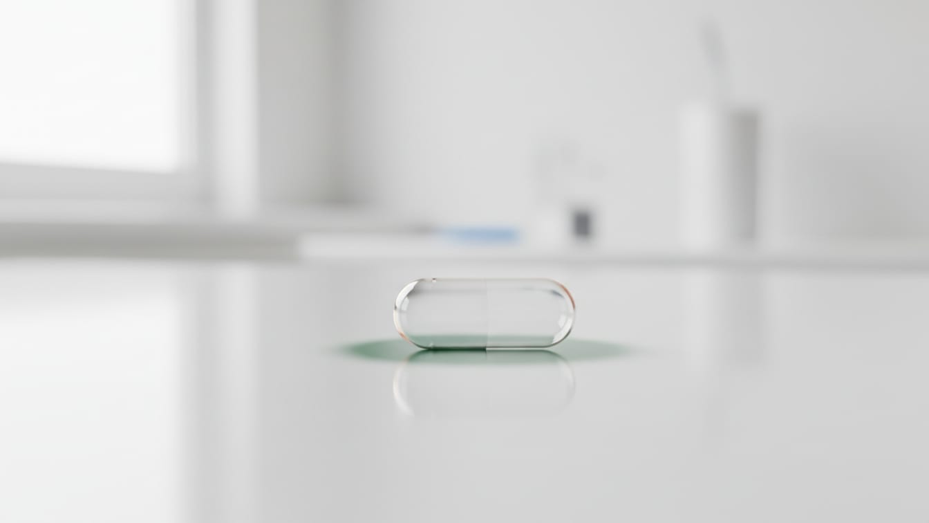 Illustration: An empty pharmaceutical capsule on a white surface with green and copper reflections.