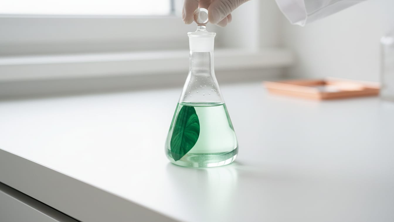 Illustration: A clear volumetric flask with faint green liquid on a white lab bench.