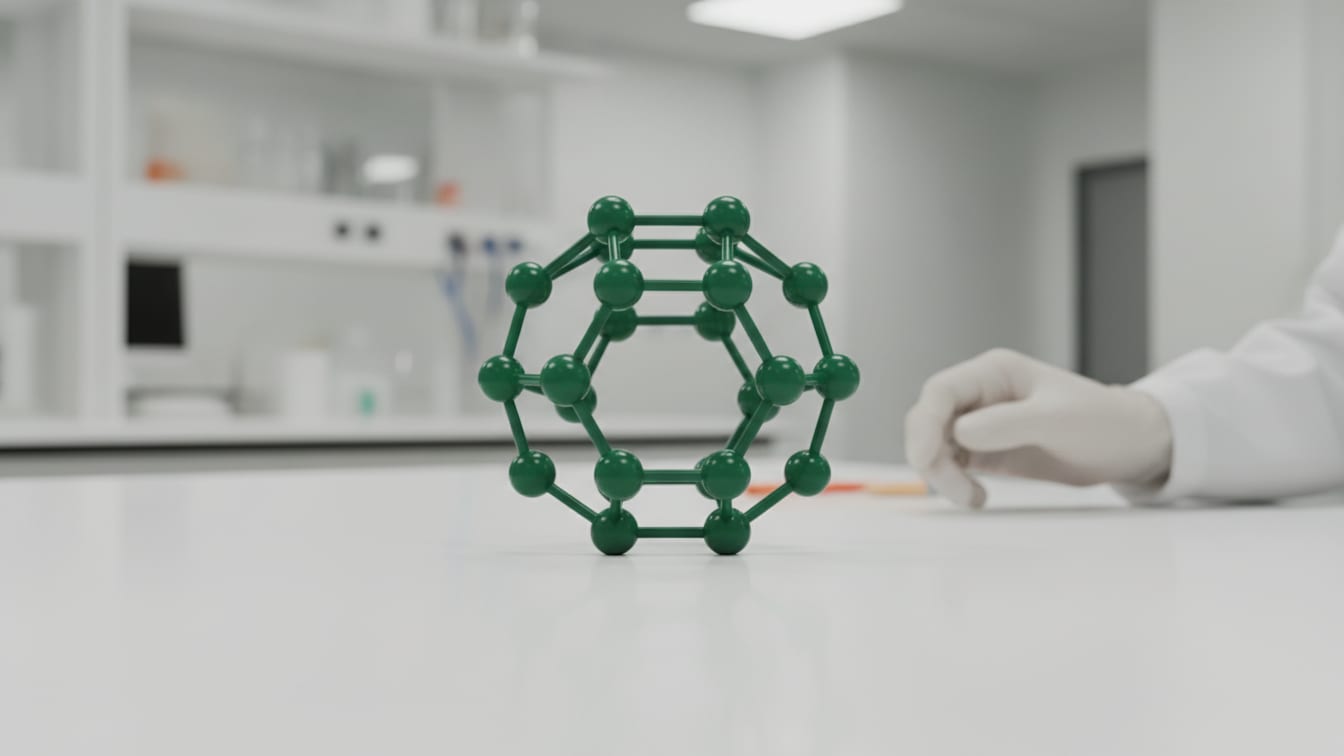 Illustration: A deep green molecular model of Orforglipron on a white lab bench with copper reflections.