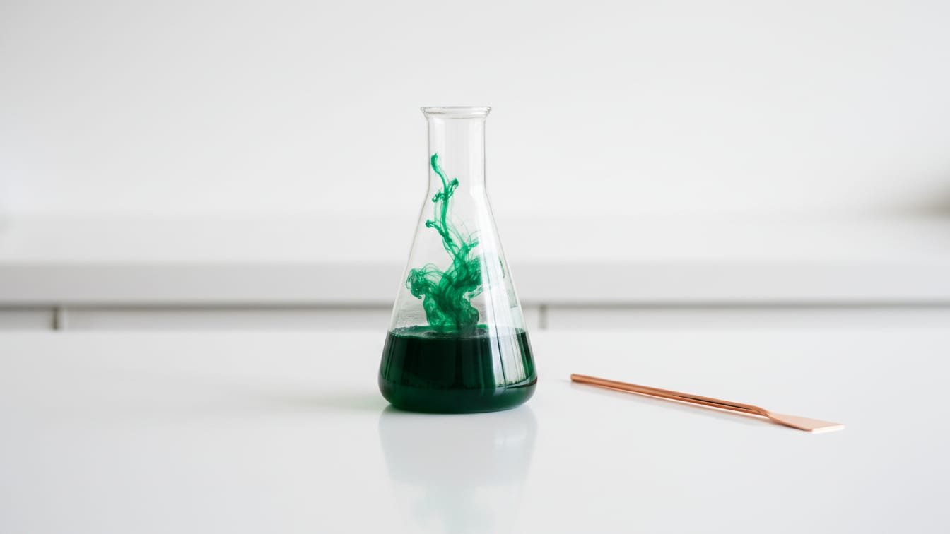 Illustration: A clear volumetric flask with a green liquid plume, beside a copper stirring rod on a white lab bench.