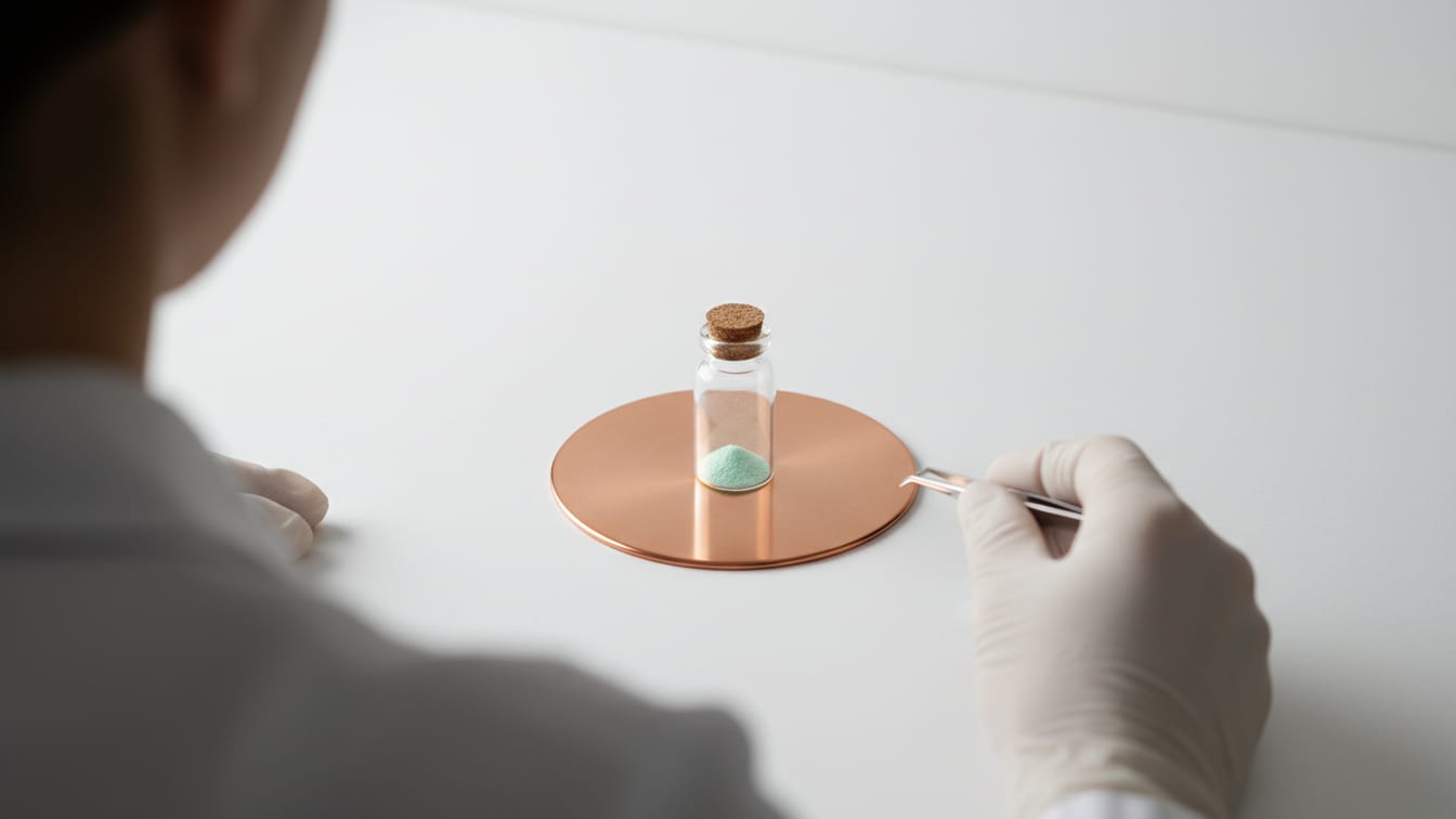 Illustration: A small glass vial with pale green powder on a copper disc, on a white surface.