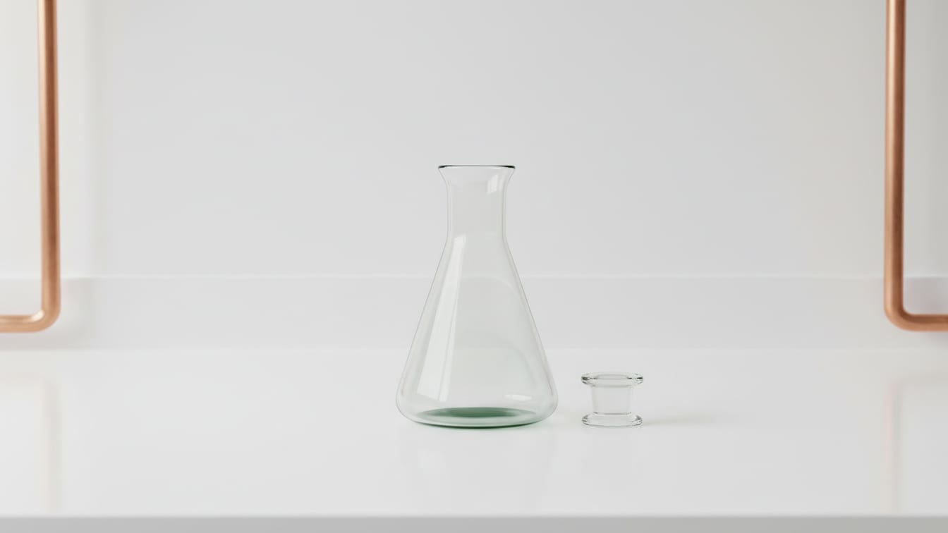 Illustration: An empty clear glass flask and stopper on a white lab bench with deep green and copper reflections.