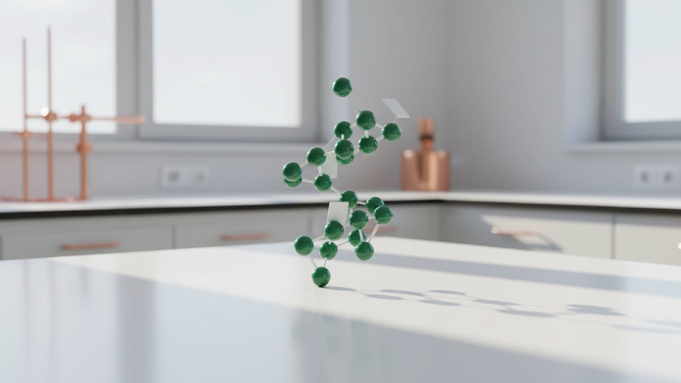 Illustration: A molecular model of an 84-amino-acid peptide in deep green and white on a white lab bench.