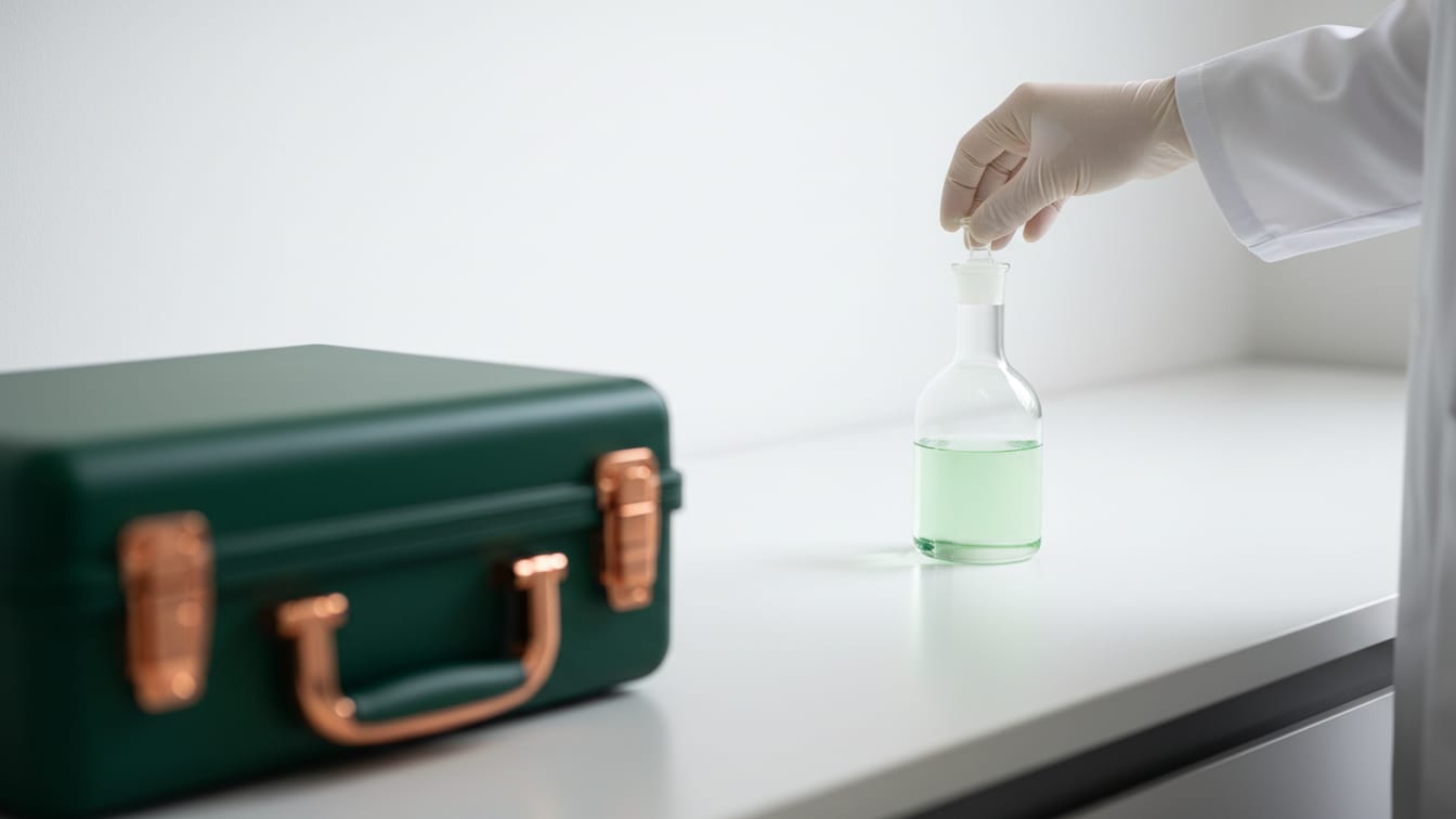 Illustration: A clear volumetric flask with faint green liquid on a white lab bench.