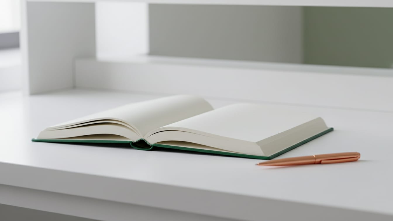 Illustration: An open blank lab notebook with a copper pen on a white lab bench, clean and unwritten.