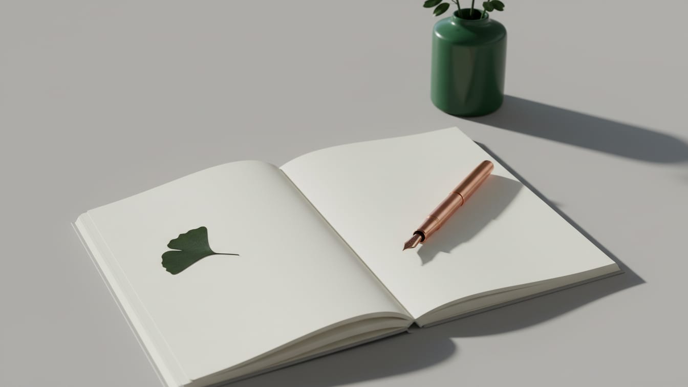 Illustration: An open blank white notebook with a copper-toned fountain pen on a light gray surface.