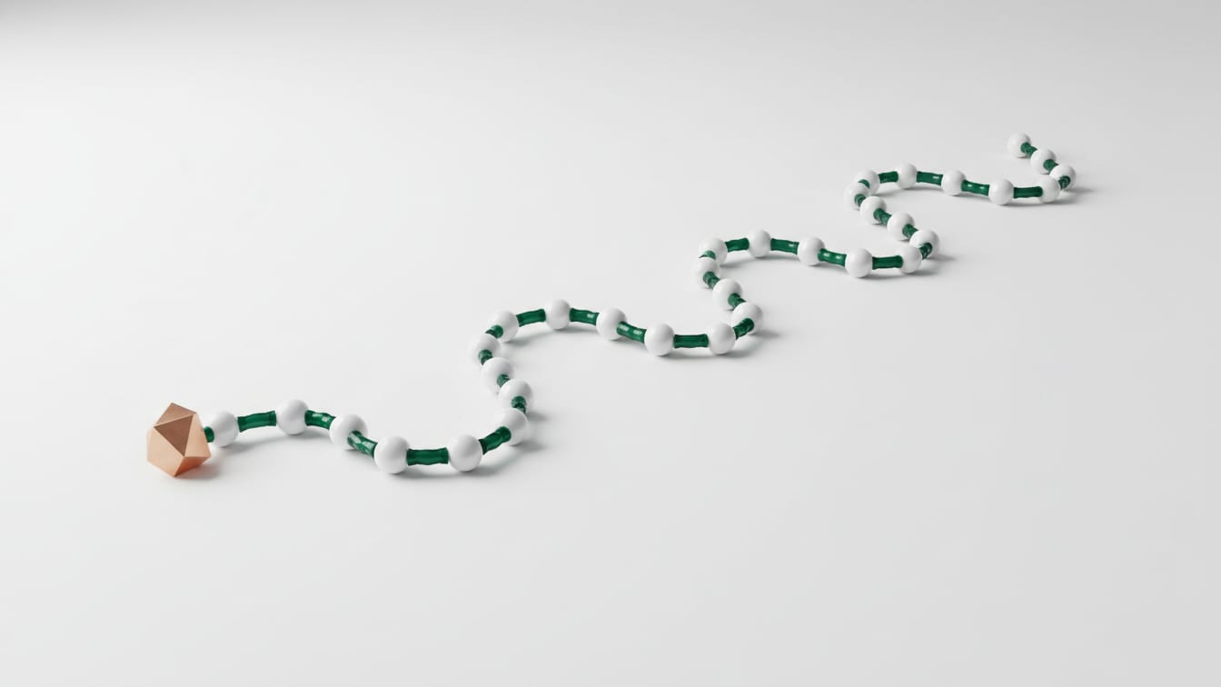 Illustration: A long, undulating molecular model of a peptide chain in white and deep green on a white surface.