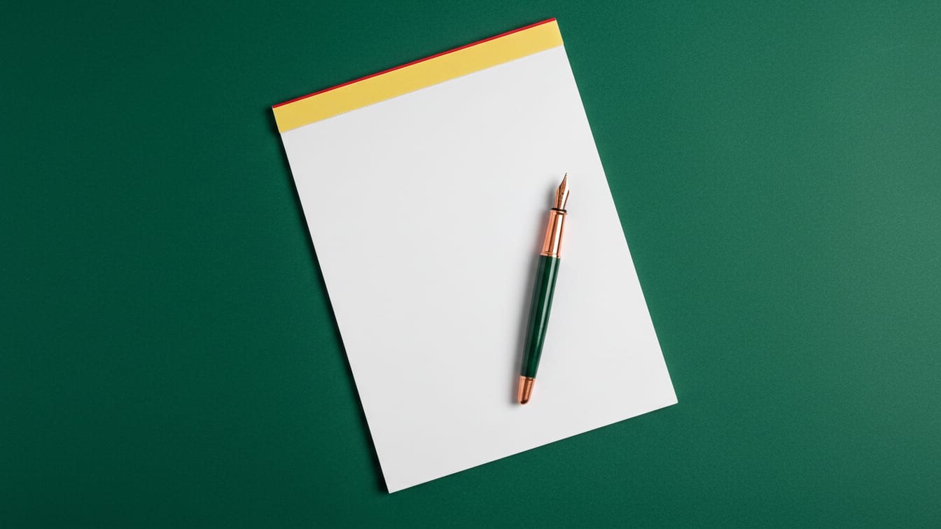 Illustration: A blank white legal pad with a copper-tipped fountain pen on a deep green surface.