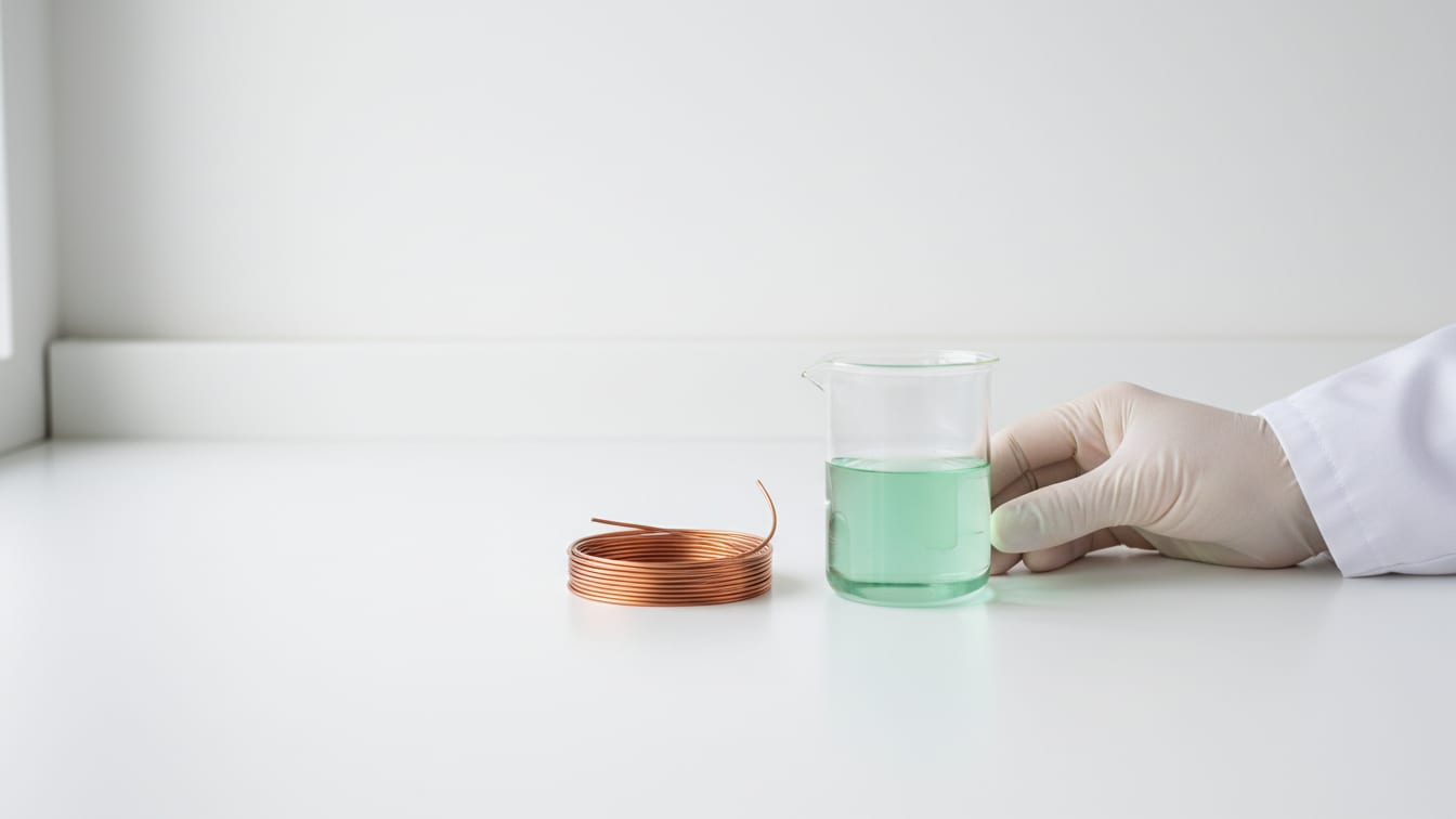 Illustration: A clear glass beaker with pale green liquid, next to a coiled copper wire on a white lab bench.