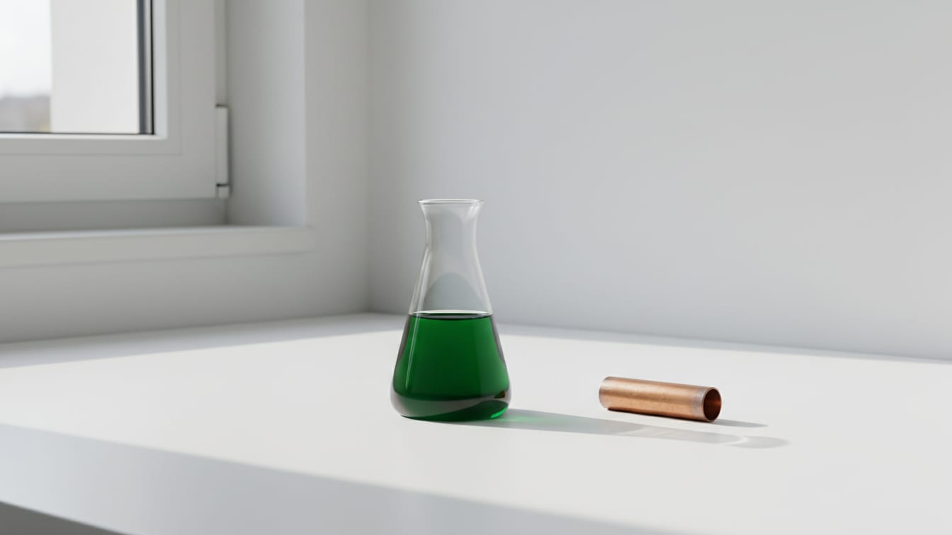 Illustration: A clear glass flask with deep green liquid and an empty copper tube on a white lab bench.