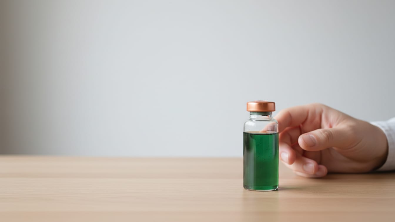Illustration: A clear glass vial with faint green liquid and a copper cap on a light wooden surface.