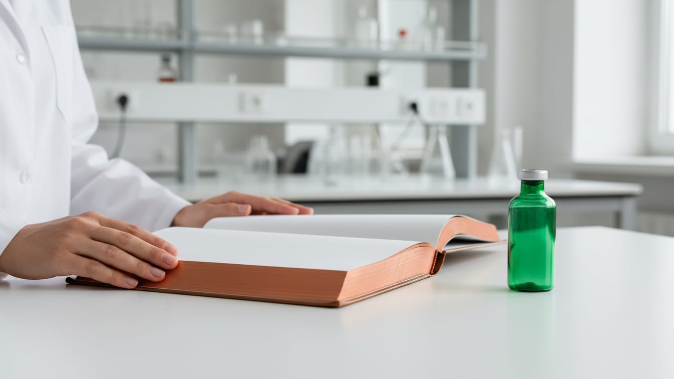 Illustration: A copper-colored open journal and a deep green glass vial on a white lab bench.