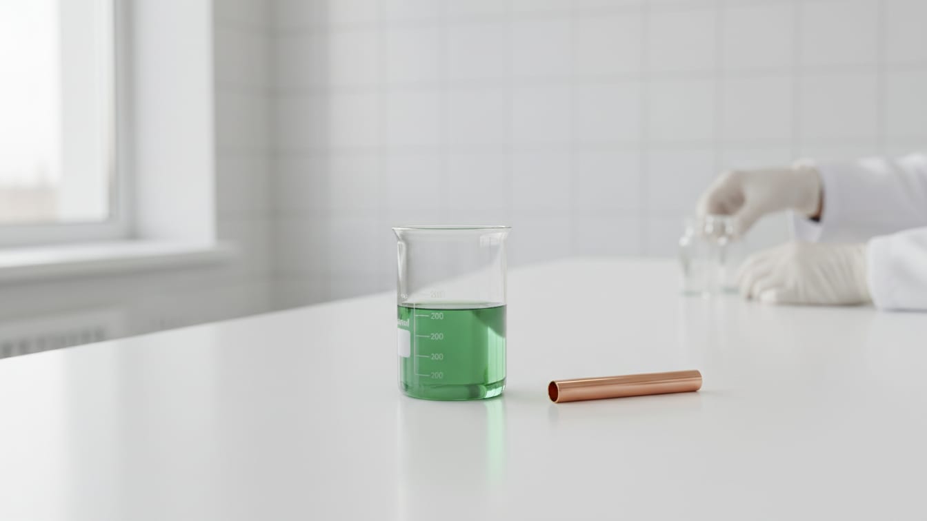 Illustration: A beaker with a faint green liquid and an empty copper tube on a white lab bench.
