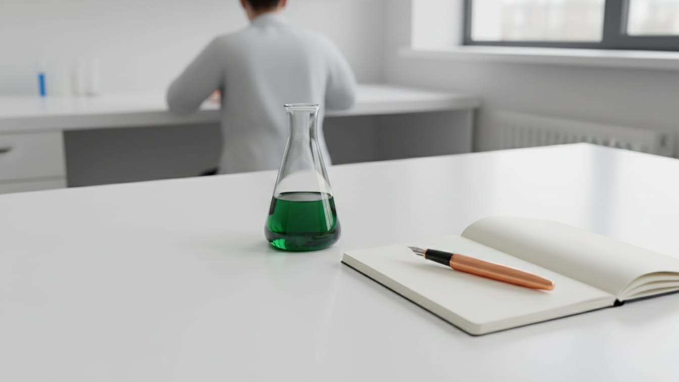 Illustration: A volumetric flask and an open notebook with a pen on a white lab bench.