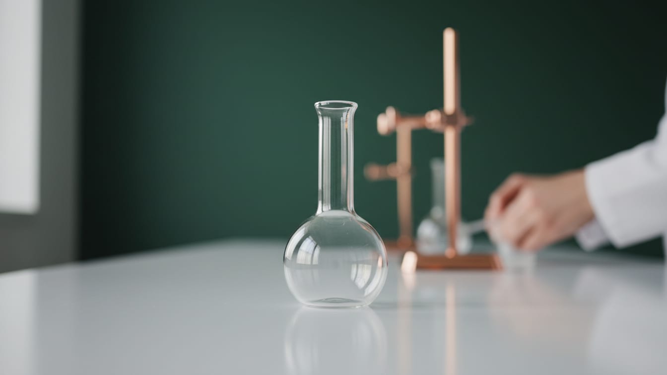 Illustration: An empty clear glass volumetric flask on a white lab bench with a deep green background.