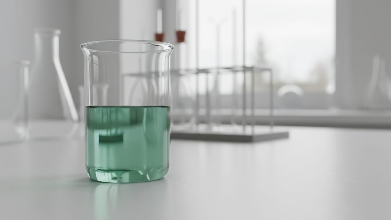 Illustration: A clear glass beaker with pale green liquid on a chalk-white lab bench, deep green and copper reflections.
