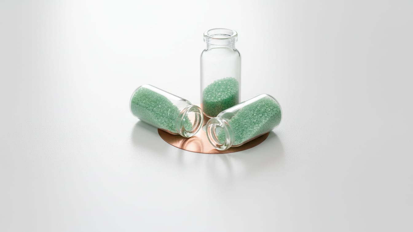 Illustration: Three clear glass vials with pale green crystalline powder on a white lab bench with copper reflections.