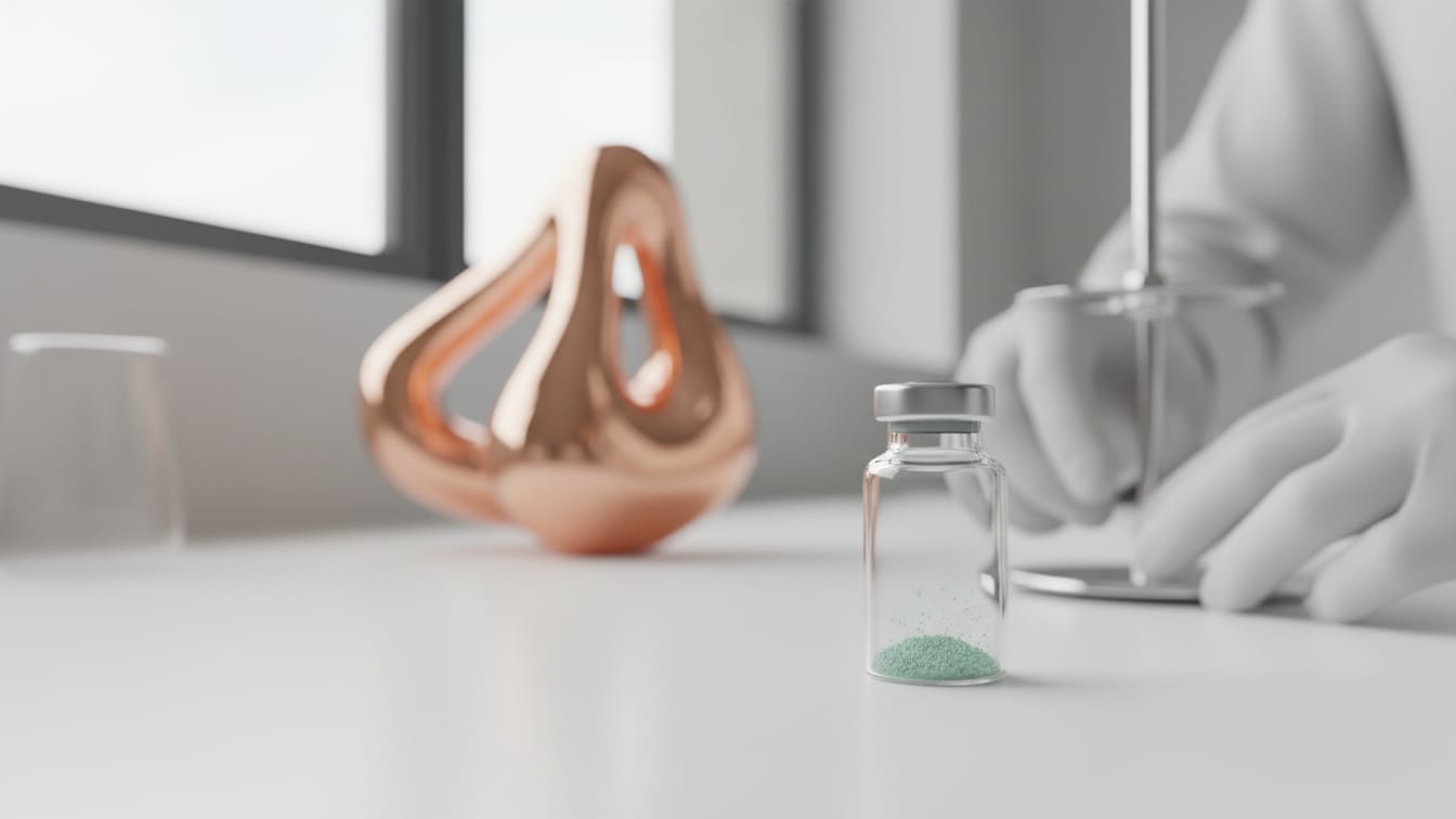 Illustration: A clear glass vial with pale green crystalline powder on a white lab bench, copper reflections.