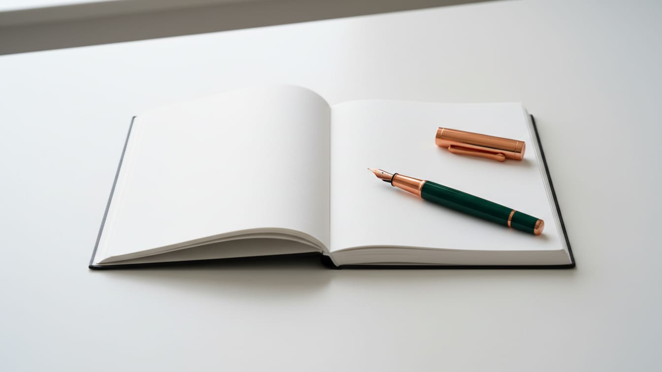 Illustration: An open blank notebook with a deep green fountain pen on a white desk.