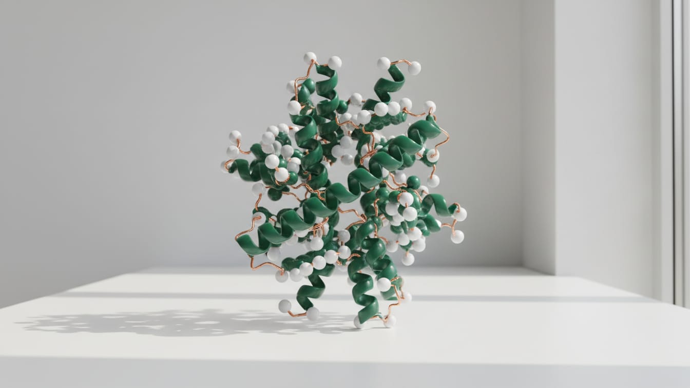 Illustration: A complex molecular model of a protein in white and deep green on a white surface.