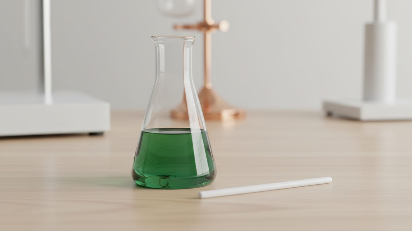 Illustration: A clear glass Erlenmeyer flask with pale green liquid, a white stirring rod, on a light wooden surface.