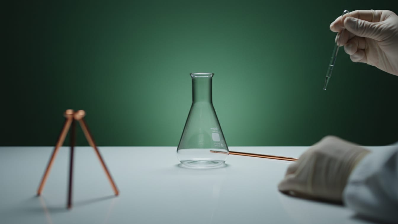 Illustration: A clear volumetric flask on a white lab bench with a deep green background.