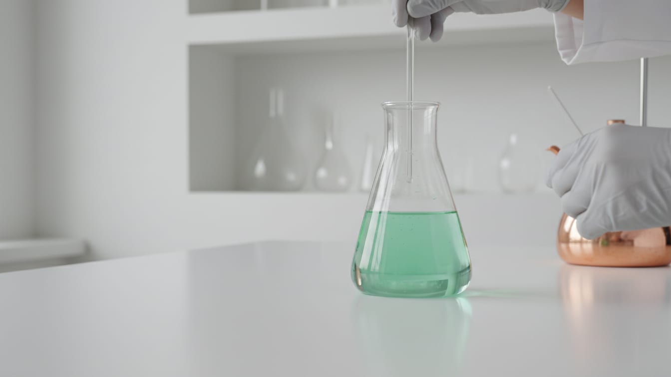 Illustration: A clear glass flask with faint green liquid on a white lab bench, with subtle copper reflections.