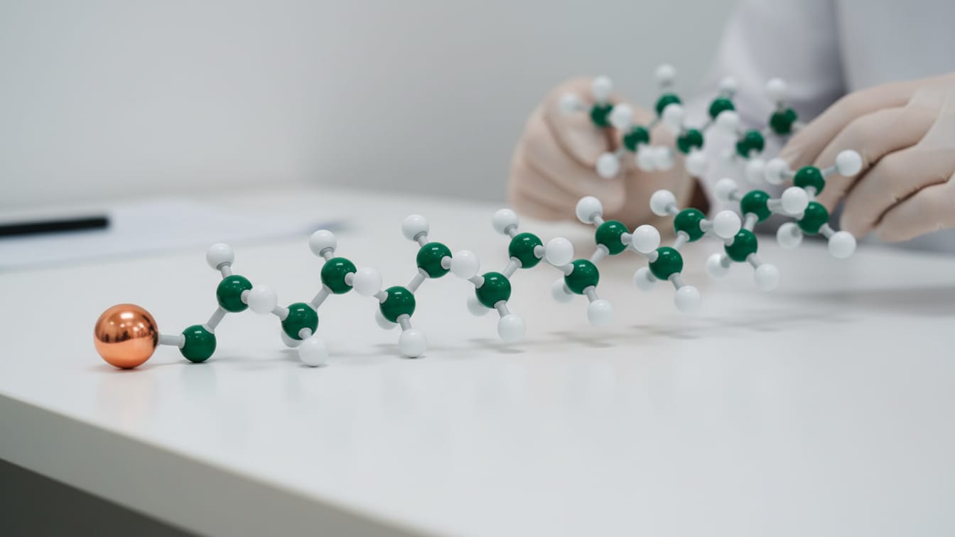 Illustration: A molecular model of a peptide with a copper end on a white desk.