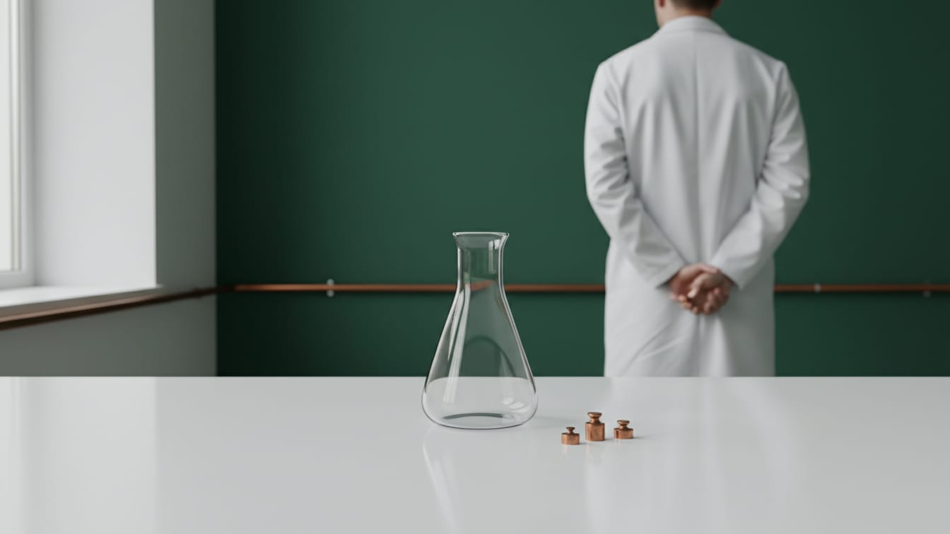 Illustration: An empty, clear glass flask on a white lab bench with a deep green background.