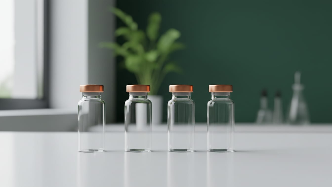 Illustration: Four identical empty glass vials with copper caps on a white lab bench against a deep green background.