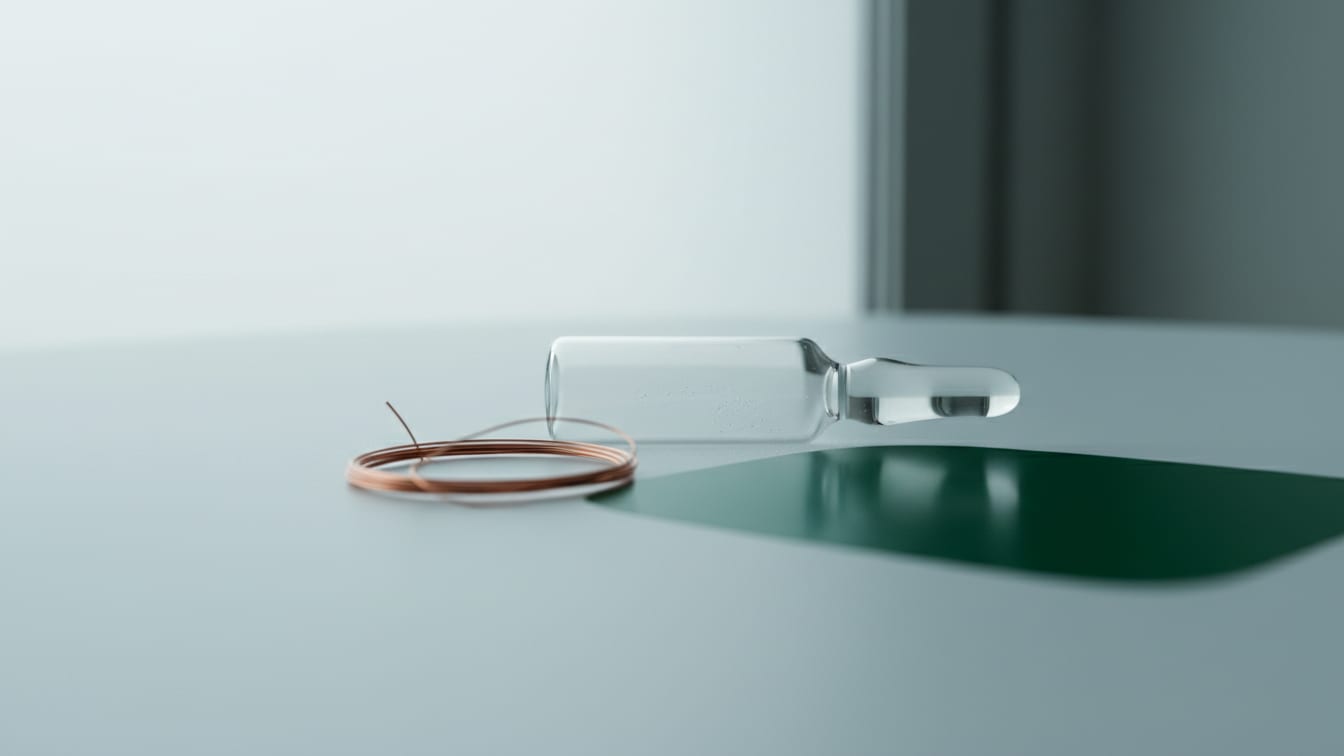 Illustration: A clear glass ampule with faint residue on a white surface, subtle green reflection.