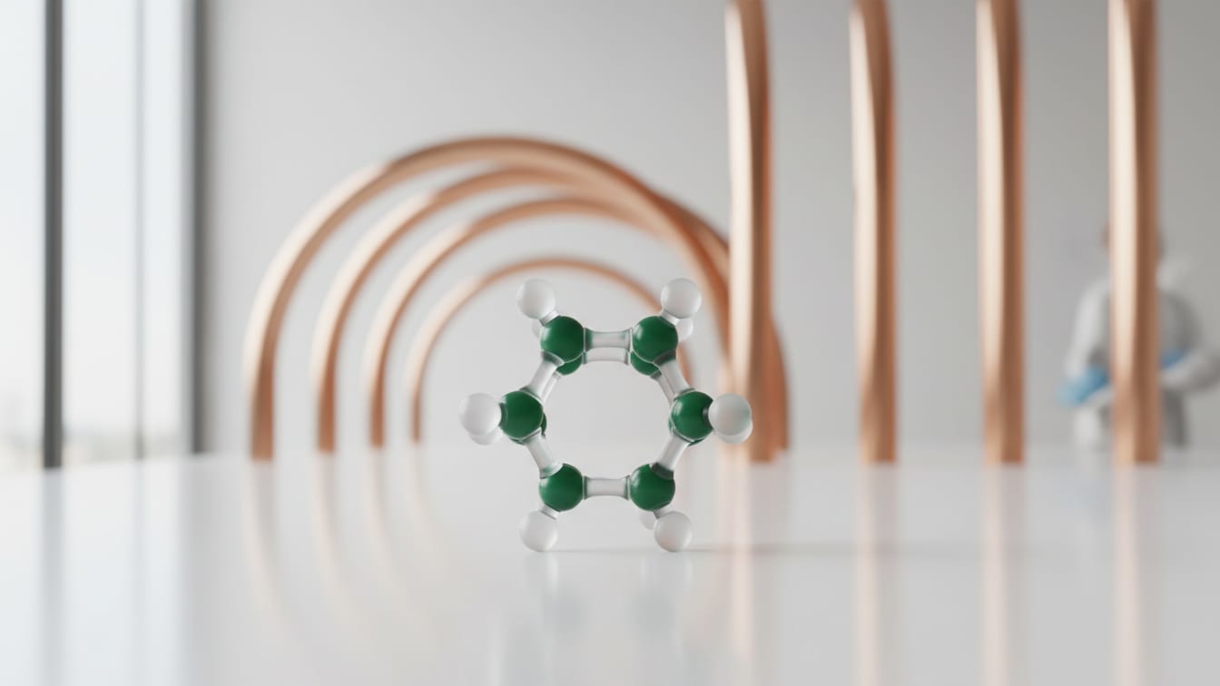Illustration: An eight-sided molecular model in white and deep green on a white surface with copper accents.