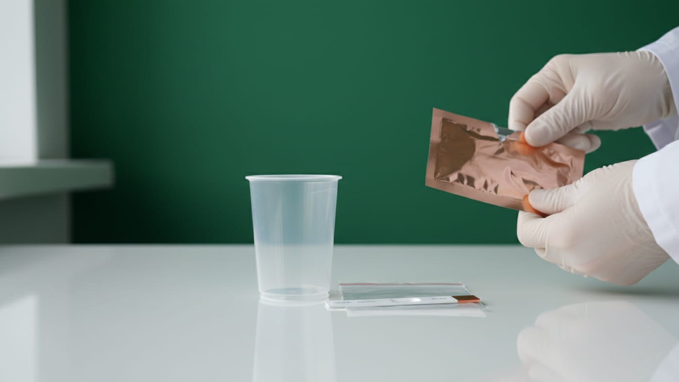 Illustration: An empty doping test kit with a collection cup and sealed test strip on a white lab bench.
