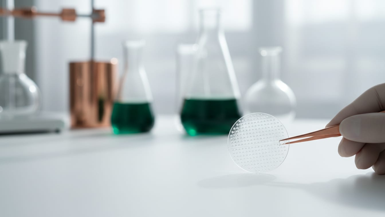 Illustration: A hand holding a small clear circular microneedle patch with copper tweezers above a white lab bench, green-filled glass flasks blurred behind.