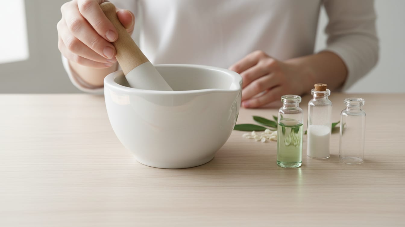 Illustration: A white mortar and pestle with vials of pale liquid and powder on a light wooden surface.