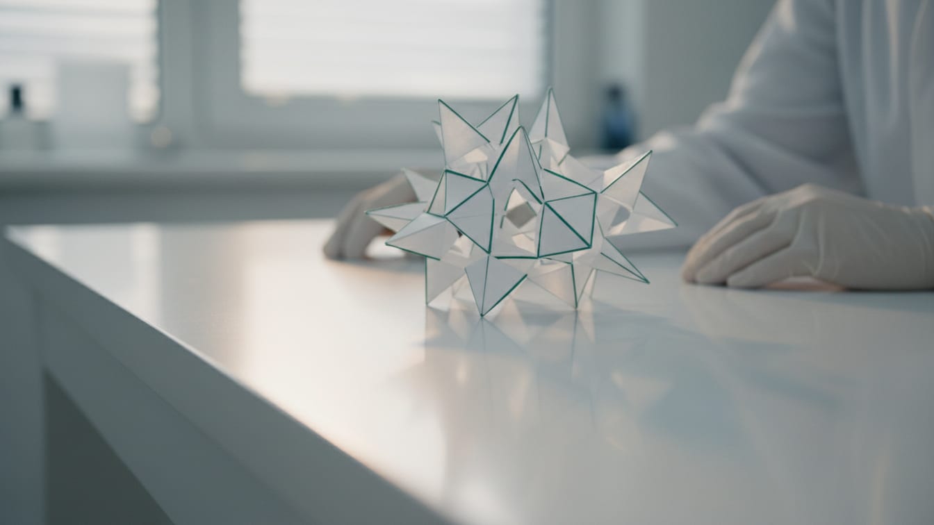 Illustration: A folded white paper protein model with green accents on a white lab bench with copper reflection.