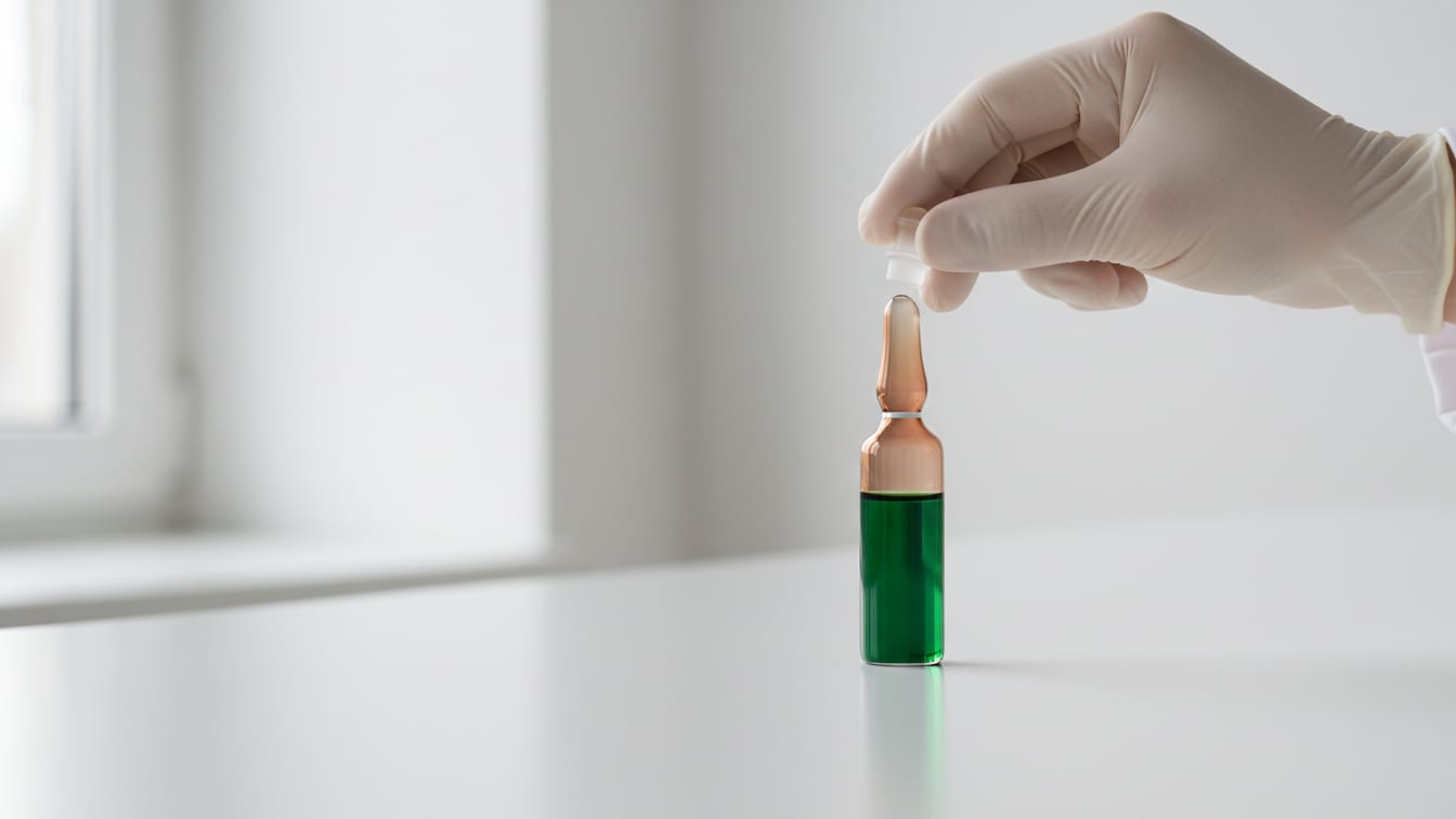 Illustration: A clear glass ampule with faint green liquid on a white lab bench.