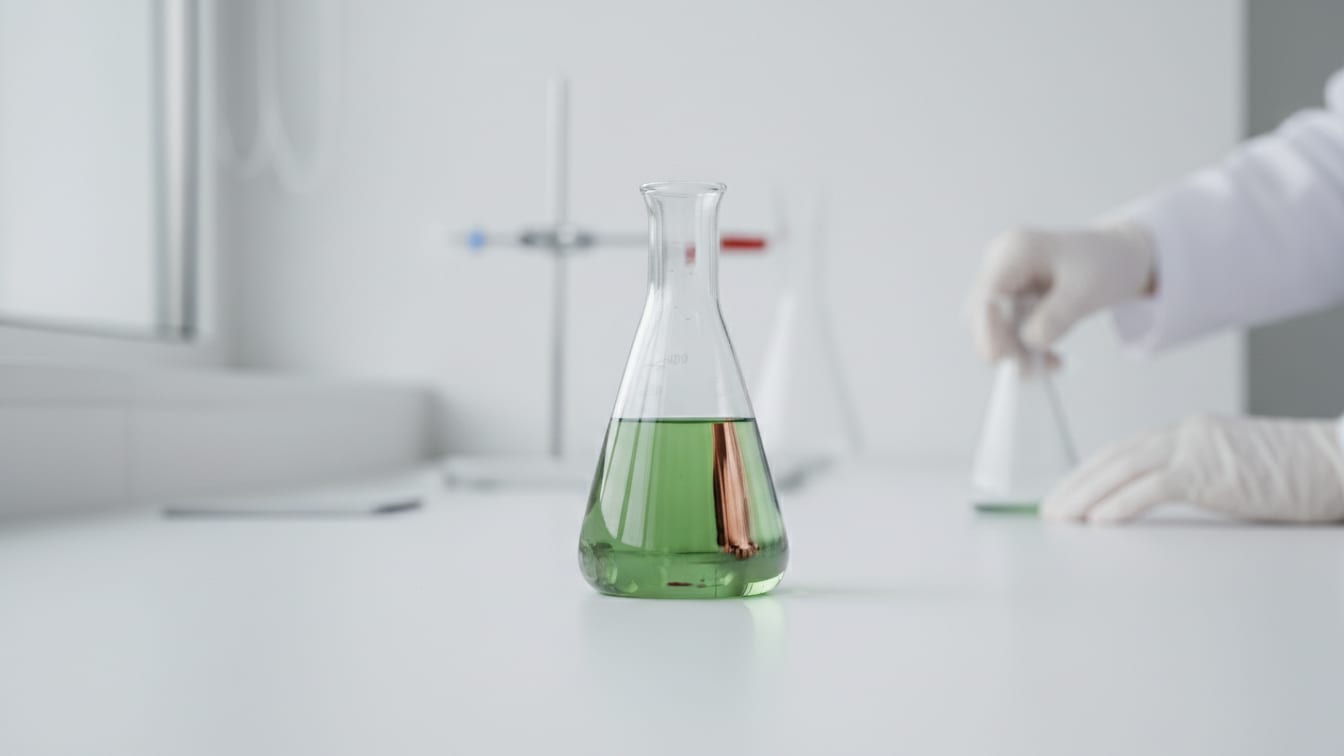 Illustration: A clear volumetric flask with faint green liquid and a copper reflection on a white lab bench.