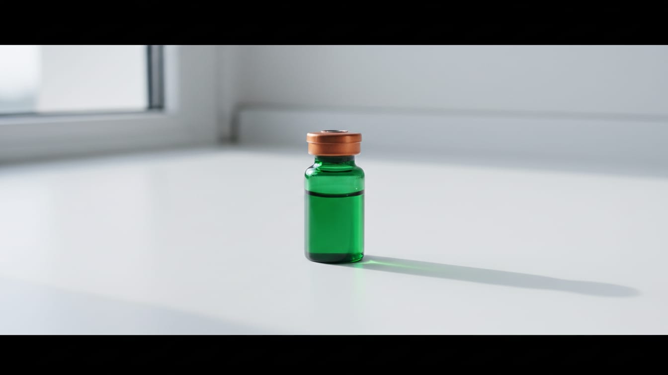 Illustration: A deep green glass vial with a copper cap on a white lab bench under even light.