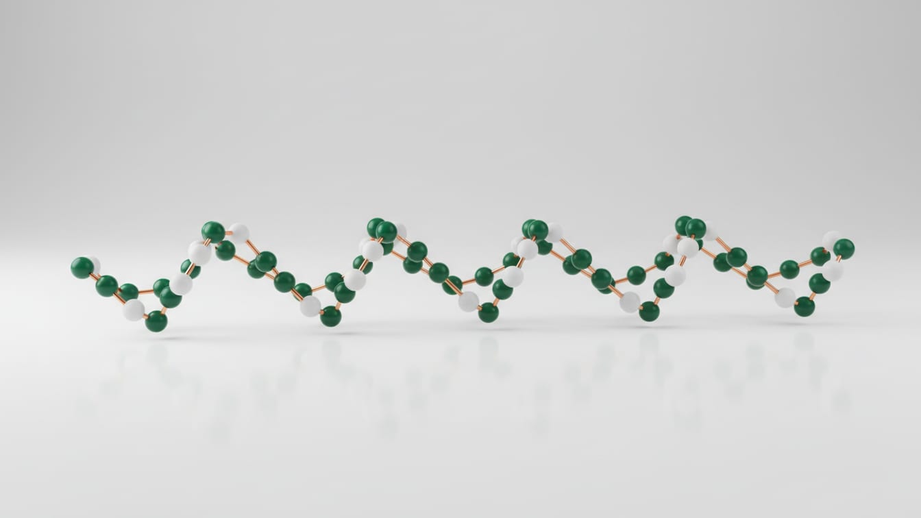 Illustration: An abstract molecular model of a peptide chain in white and deep green on a white surface.
