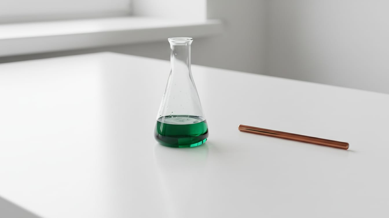 Illustration: A clear glass flask with faint green liquid and a copper stirring rod on a white lab bench.