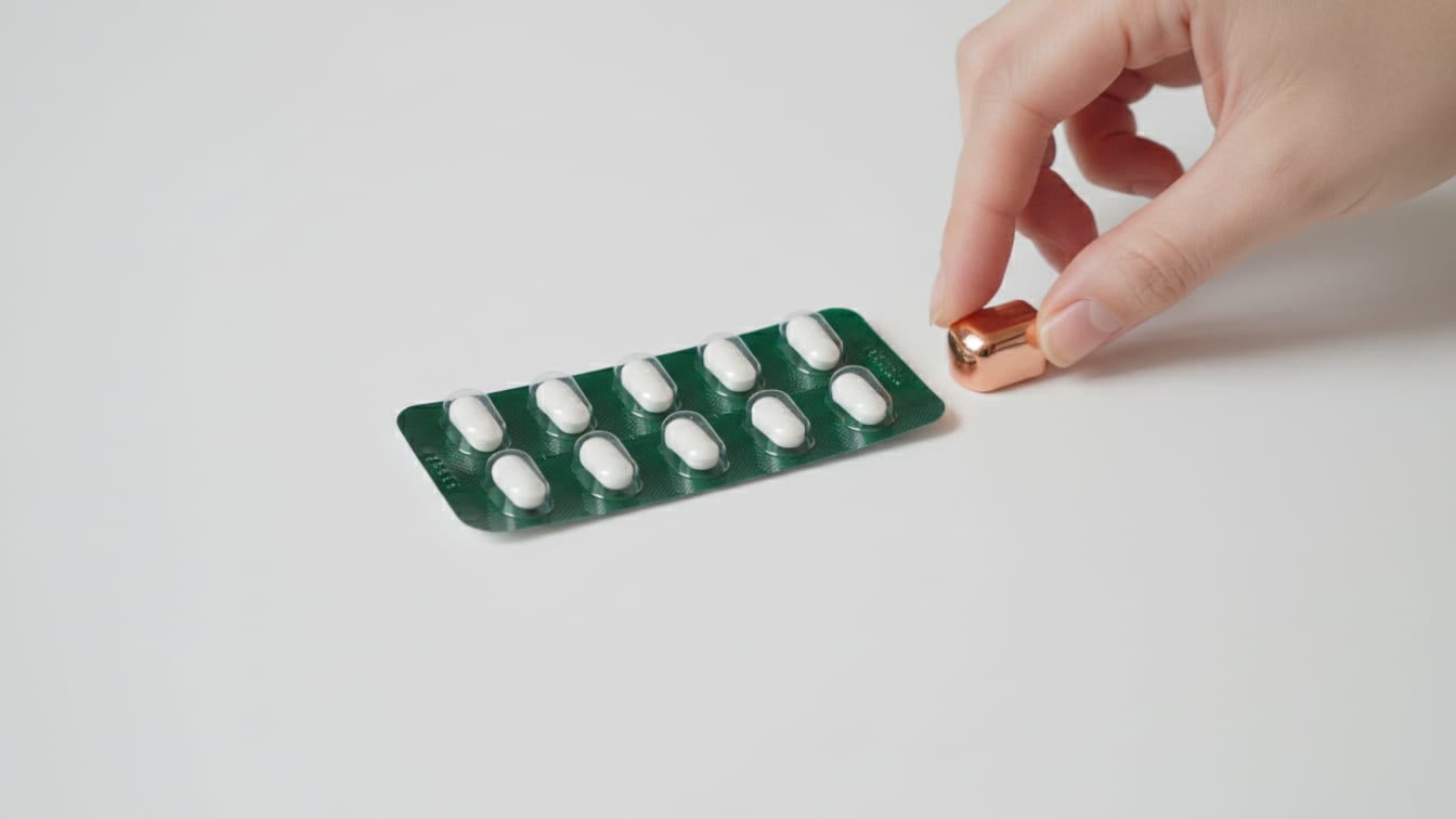 Illustration: A white blister pack on a white surface with a deep green reflection.