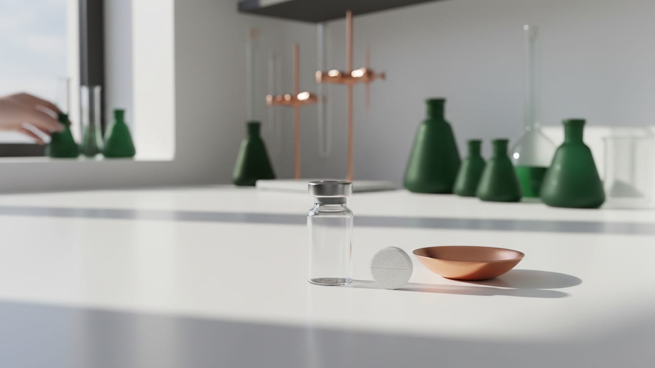 Illustration: A white tablet in a clear glass vial next to a copper weighing boat on a white lab bench.