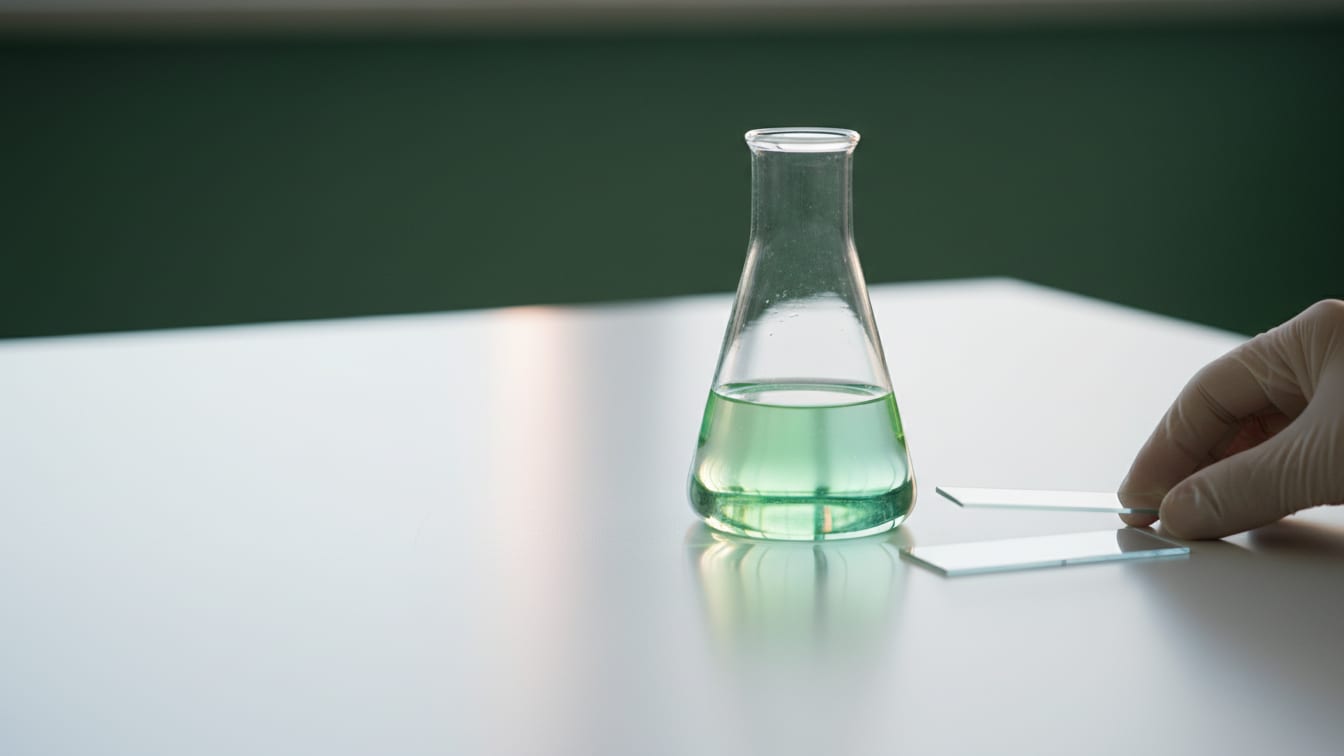 Illustration: A glass Erlenmeyer flask with pale green liquid on a white lab bench, with a glass slide.