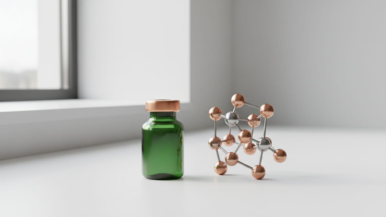 Illustration: A deep green vial with a copper cap and a peptide sculpture on a white lab bench.