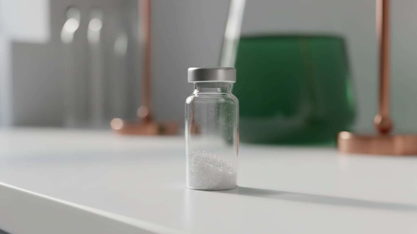 Illustration: A clear glass vial with white crystalline powder on a white lab bench.