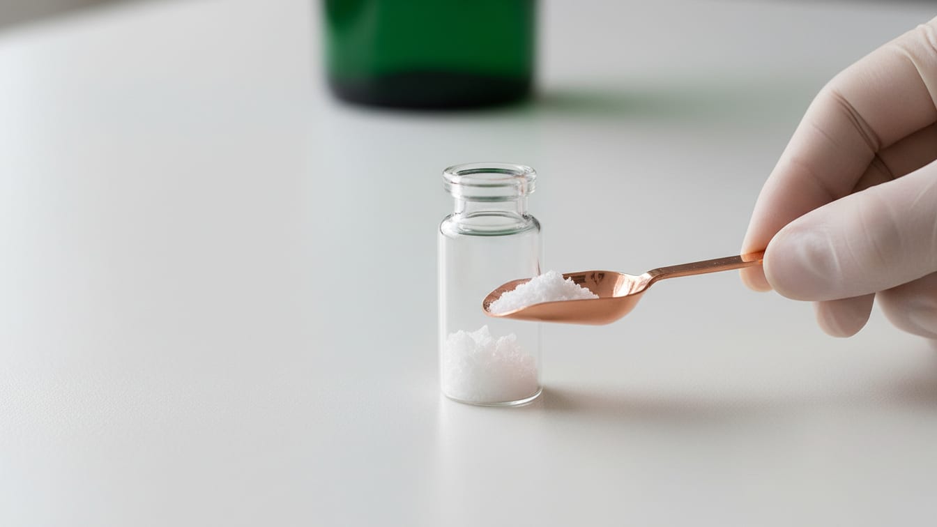 Illustration: A clear glass vial with white crystals in a copper scoop on a white lab bench.