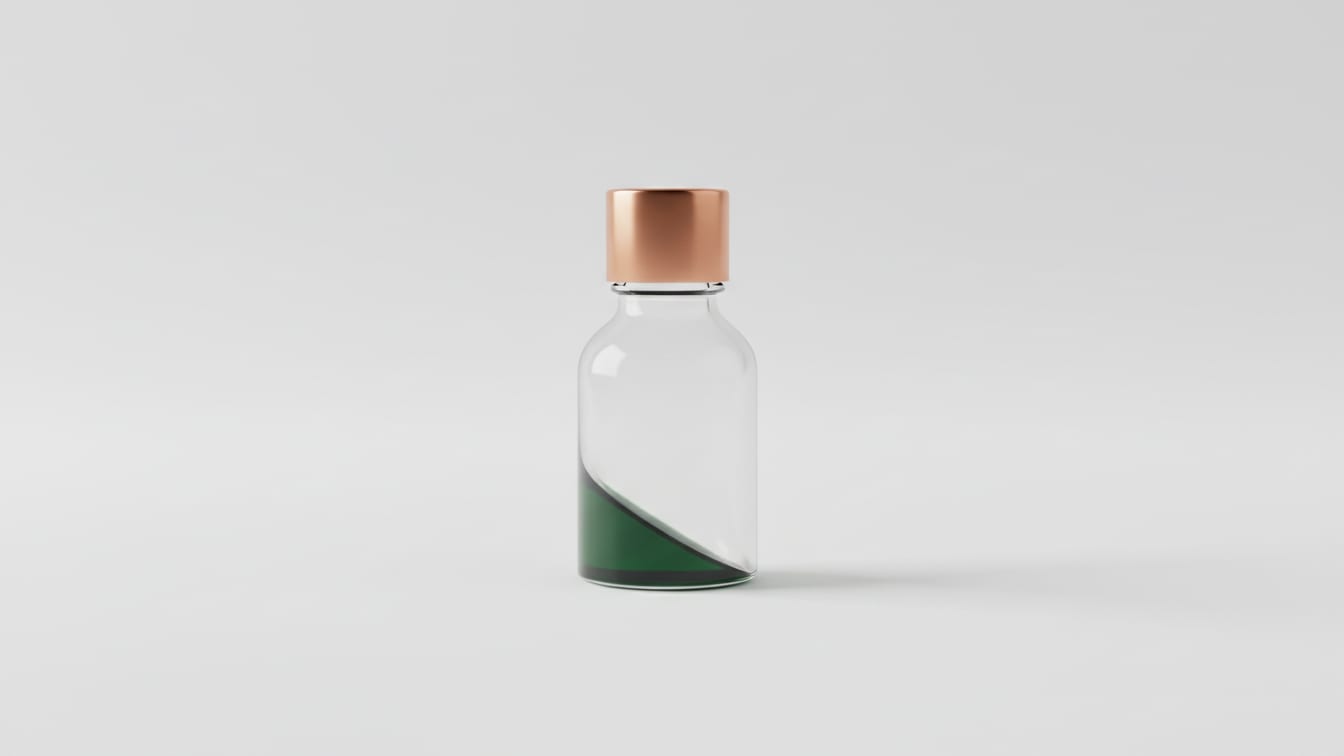 Illustration: An empty, clear ophthalmic dropper bottle with a copper cap on a white surface.