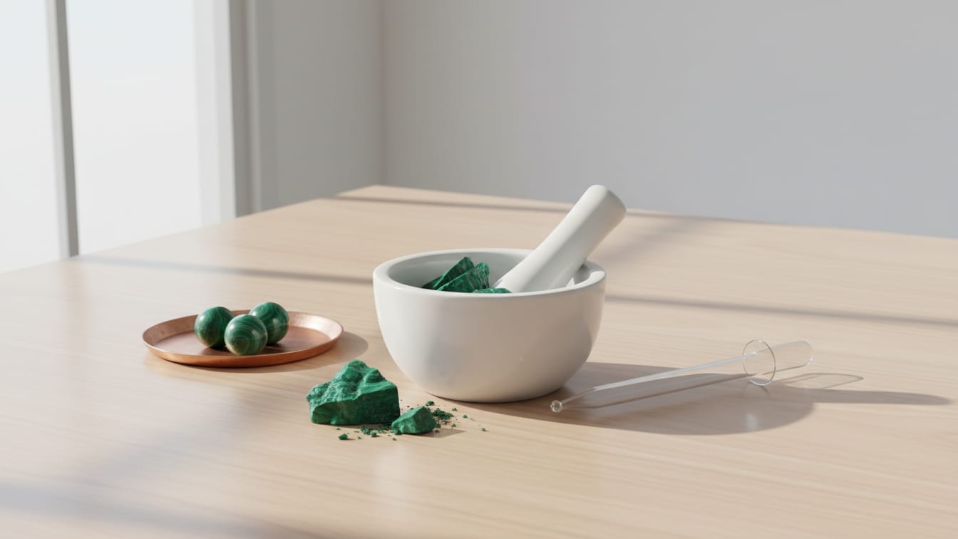 Illustration: A white mortar and pestle on wood, with a clear glass pipette beside it.